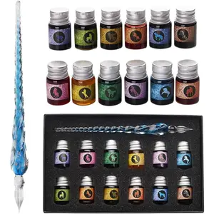 Glass Dipped Pen Ink Set Handmade  Calligraphy Pen with 12 Colorful india ink for Art, Signatures, Drawing, Decoration, Calligraphy Kits for Beginners Ma-13