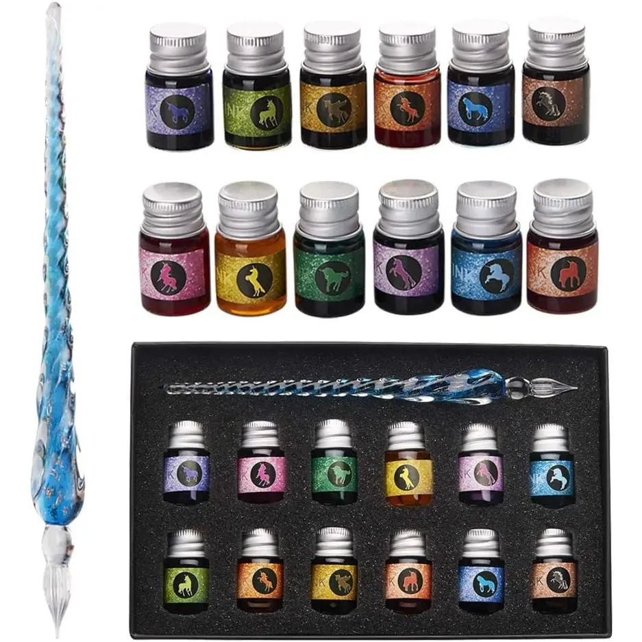 Glass Dipped Pen Ink Set Handmade  Calligraphy Pen with 12 Colorful india ink for Art, Signatures, Drawing, Decoration, Calligraphy Kits for Beginners Ma-13