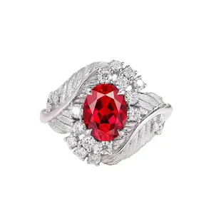 925 Sterling Silver Leaf Moissanite Halo Oval Ruby Engagement Ring - 1.5ct Princess-Cut Ruby, Moissanite Cluster, Dainty Modern Solitaire, Hand-Made in LA, July Birthstone Jewelry