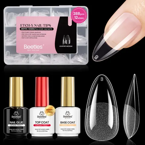 Beetles Gentle HEMA-Free Etch-X Gel Nail Kit - 288pcs 12-Size Tips, 3pcs 15ml Glue, Base/Top Coat Set for Sensitive Nails, Glamorous Press On & Acrylic Extension DIY Care at Home