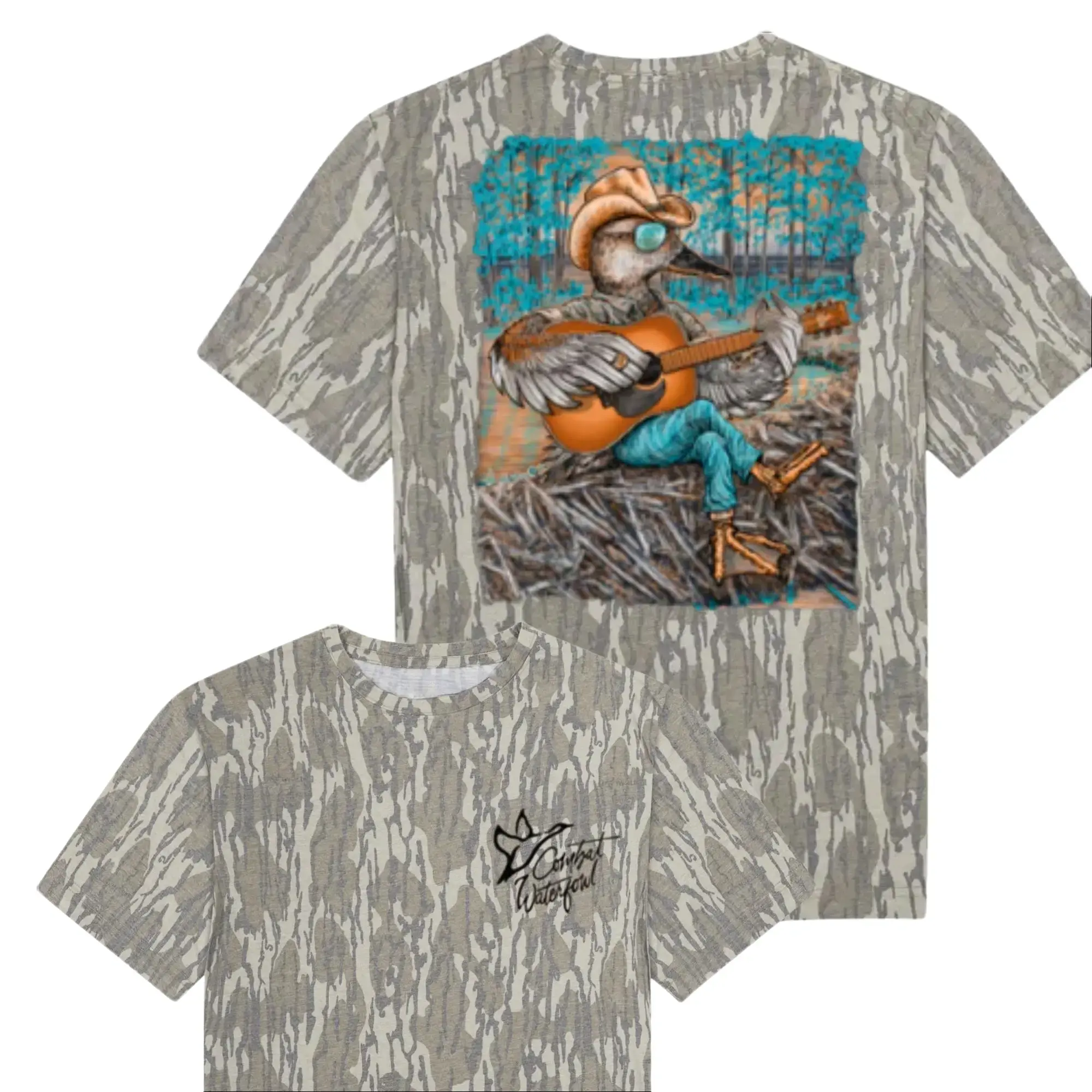 Combat Waterfowl Bottomland Camo Tee – Vintage Racing Graphic Tee, Mossy Oak Washed Bottomland Mallard Tee, Hunting Shirt, Gift for Dad, Gift For him, Hunting Season Shirt