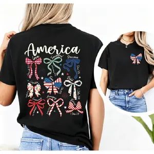 Double-sided Printing America Bow T-shirt, Patriotic Coquette Bow Tee, 4th Of July Outfit
