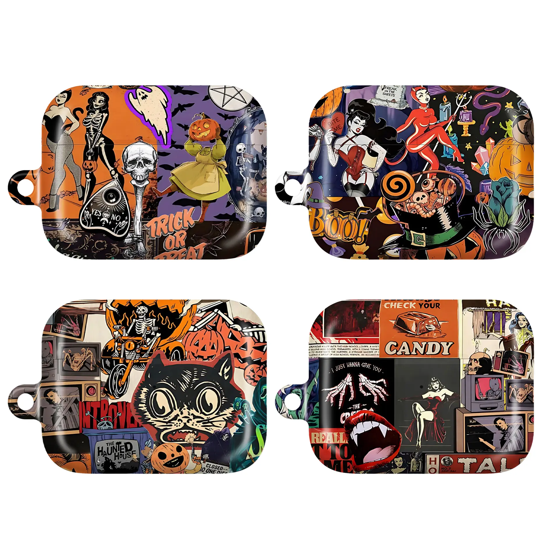 Horror Collage AirPods Case – Bold Halloween-Inspired Designs Featuring Skeletons, Vampires, Black Cats & Creepy Comics in Orange, Black, Purple & Red Tones, Fits AirPods Pro (Gen 1/2) & AirPods (Gen 1/2/3), Perfect Gift for Horror & Retro Fans