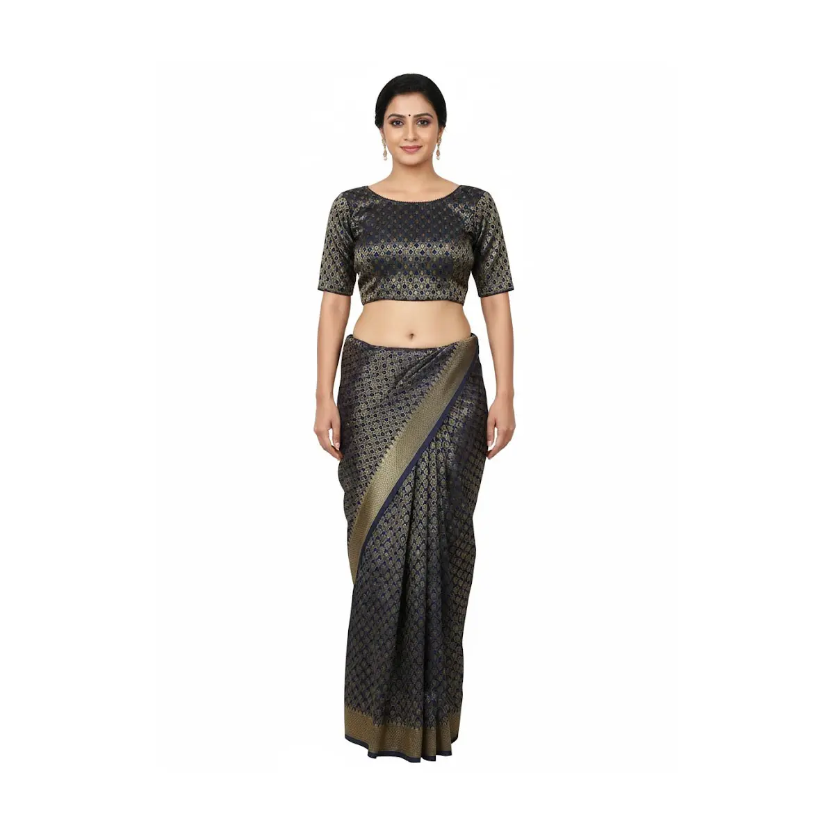 #HC-807 Elegant  Gold Brocade Saree Scoop neckline, short sleeves, cropped length