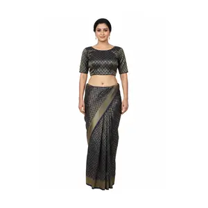 #HC-807 Elegant  Gold Brocade Saree Scoop neckline, short sleeves, cropped length