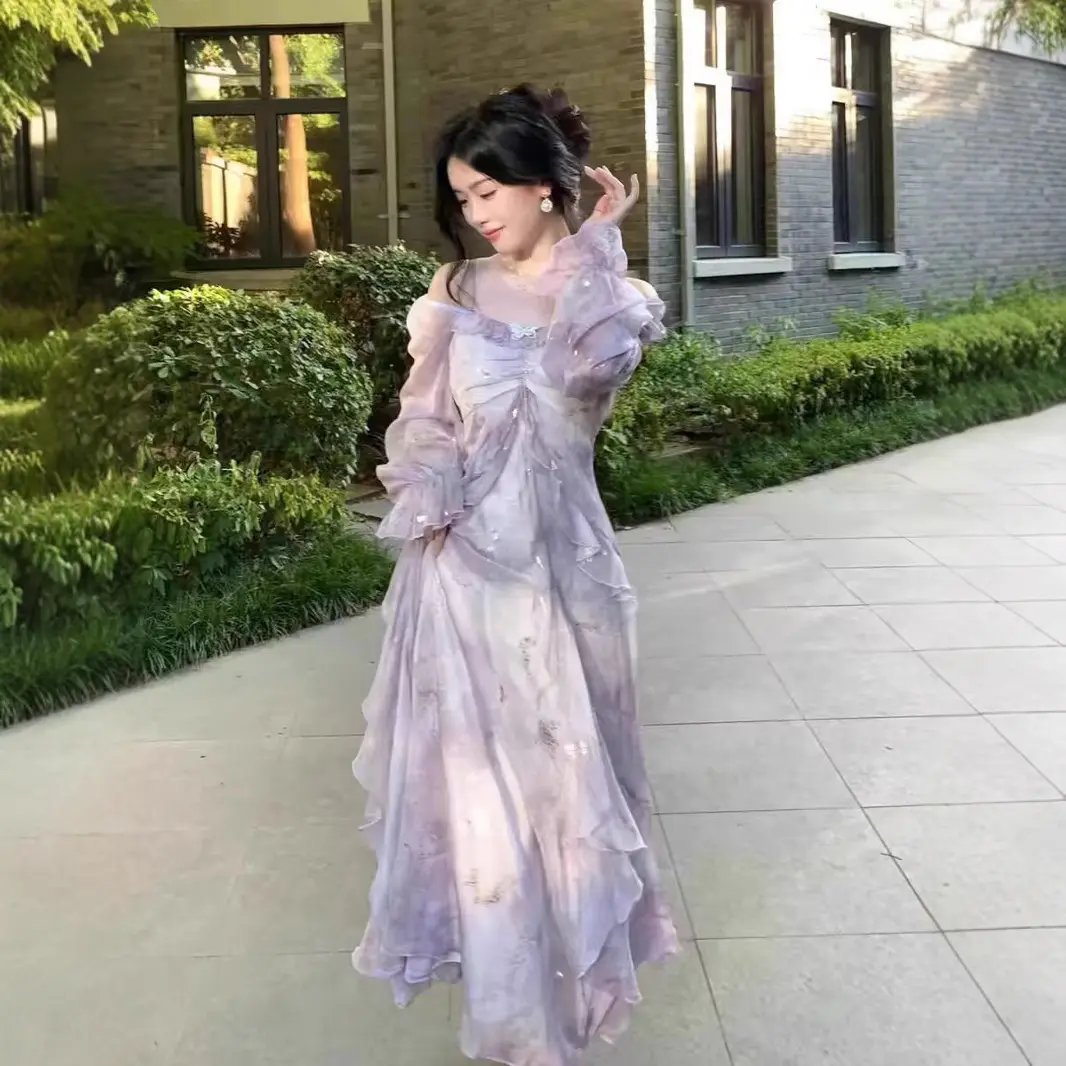 Gentle Style Super Fairy Purple Gradient Butterfly Gold Foil Ruffle Dress  for Women Elegant Vacation Beach Dress - TikTok Shop