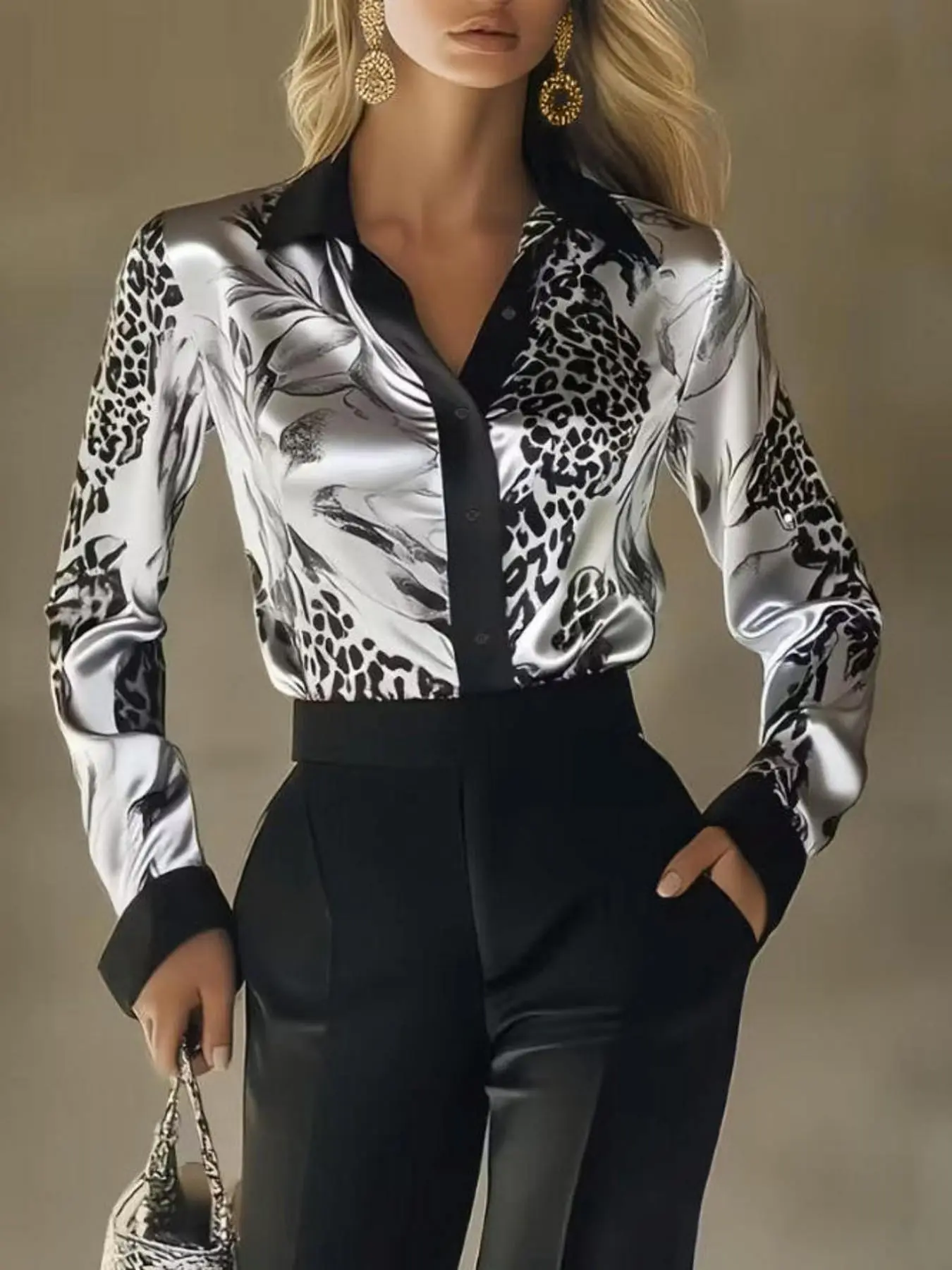 Elegant Silk Satin Button Front Long Sleeve Printed Top, Business Casual Top, Women's Plus Size Shirt Blouse, Business Blouses, Chic and Stylish Upperwear for Daily Wear, Womenswear