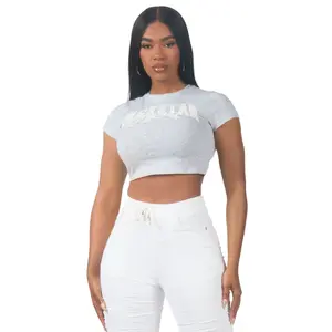 Franchesca Heather Grey Rhinestone Crop Baby Tee Shirt