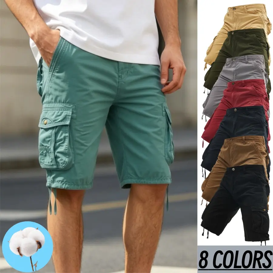 Men's Cotton Multi Pocket Cargo Shorts, Knee Length Casual Work Shorts, Breathable Outdoor Hiking Summer Shorts For Men, 8 Colors Available