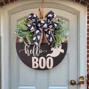 12 inch halloween door wreath, artificial wood front door decoration, hello boo sign, ghost design, background