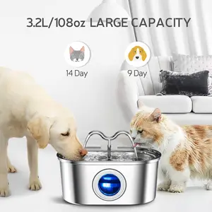 3.2L Stainless Steel Pet Water Dispenser, USB Rechargeable Silent Filter Pump, Clean Drinking Bowl with Water Level Observation Window