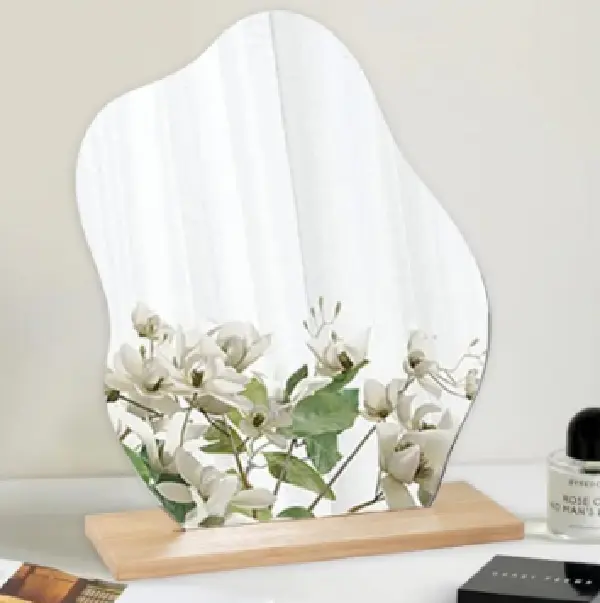 Cloud-Inspired Aesthetic Vanity Mirror with Wooden Stand - Frameless Acrylic Decor for Minimalist Spaces Glass Lightweight