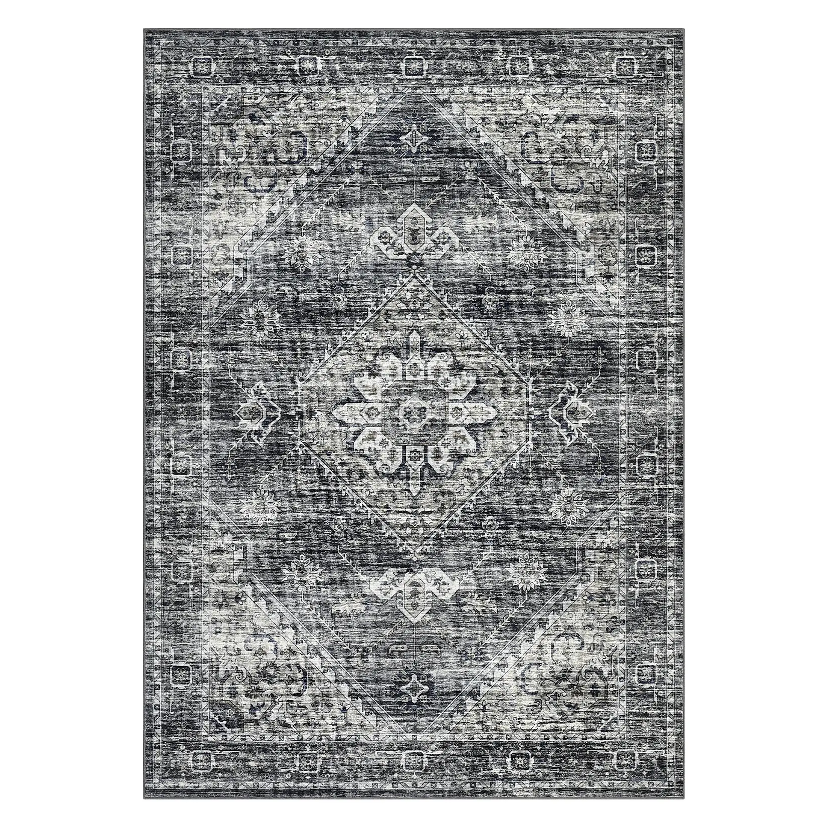 9x12 ft Rectangular Dark Gray Geometric Persian-Inspired Low Pile Cashmere-Imitation Polyester Area Rug, Foldable Machine Washable Home Decor Rug for Hallway, Office, Home Decor Rugs, Low Pile Rug
