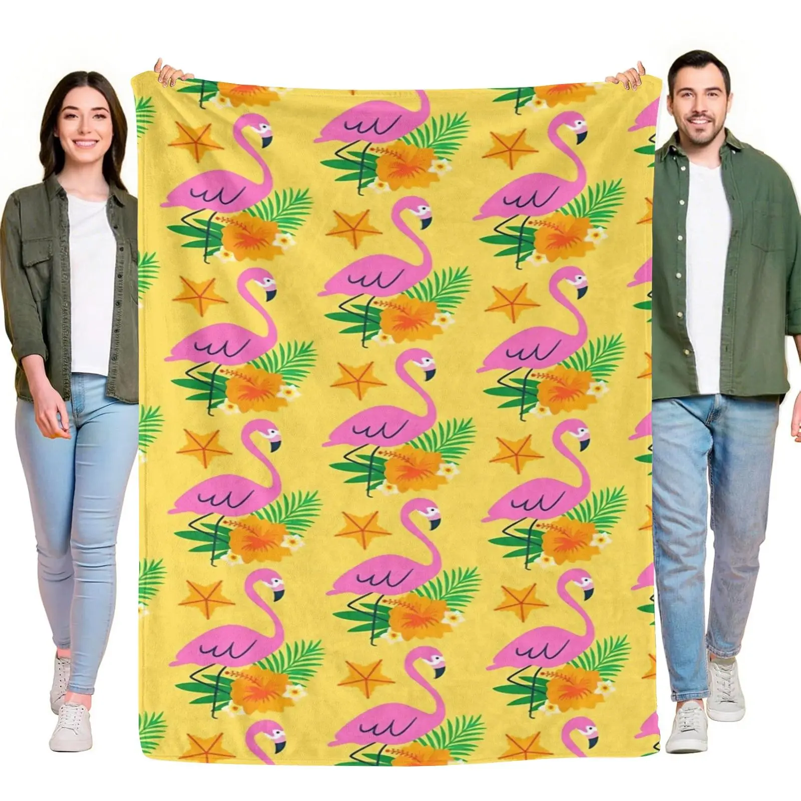 Yellow Background Pink Flamingo Hibiscus Palm Leaf Star Tropical Seamless Throw Blanket, Summer Hawaiian Beach Soft Flannel Blanket for Vacation Pool Couch Decor