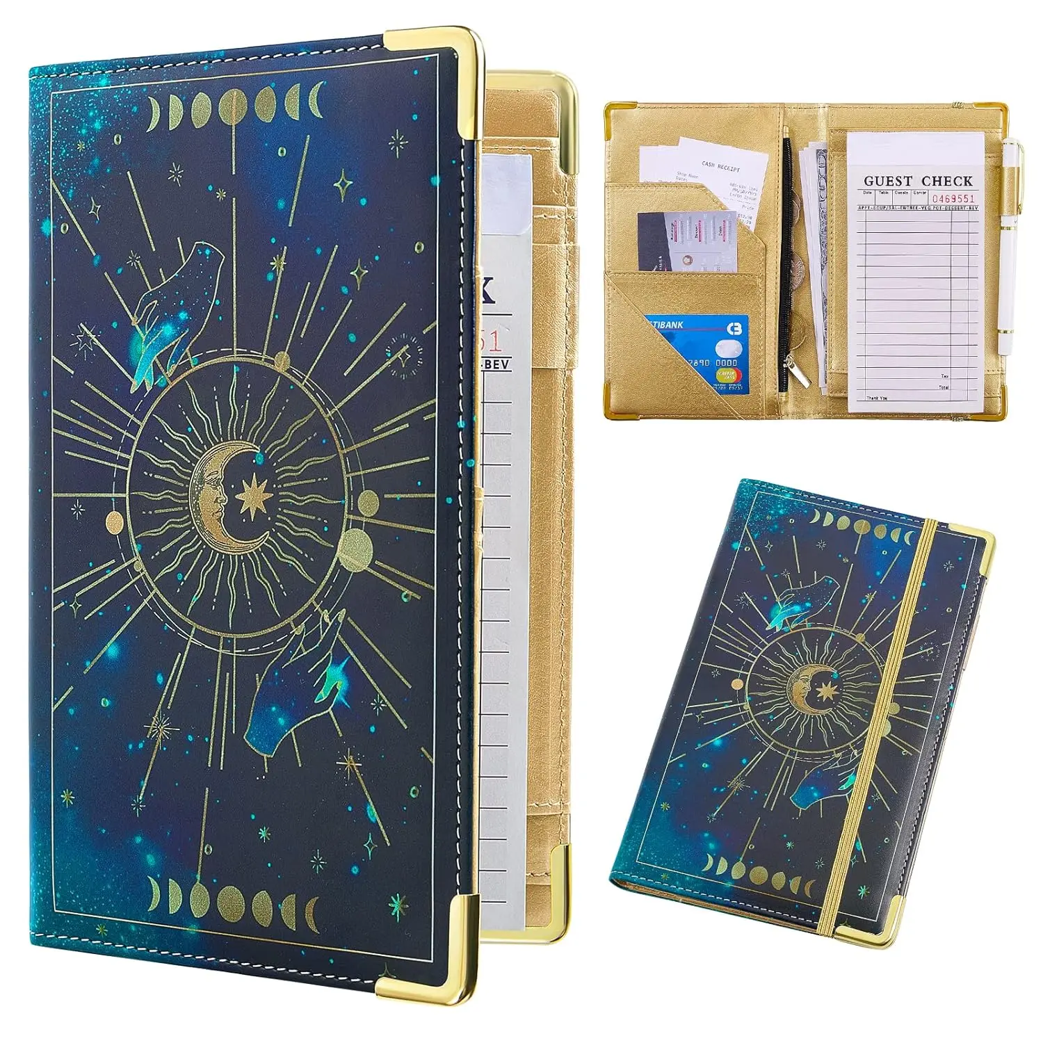 Server Book, Waitress Book Black Server Books for Waitress Waiter Book with Money Zipper Pocket with Moon Sun Design