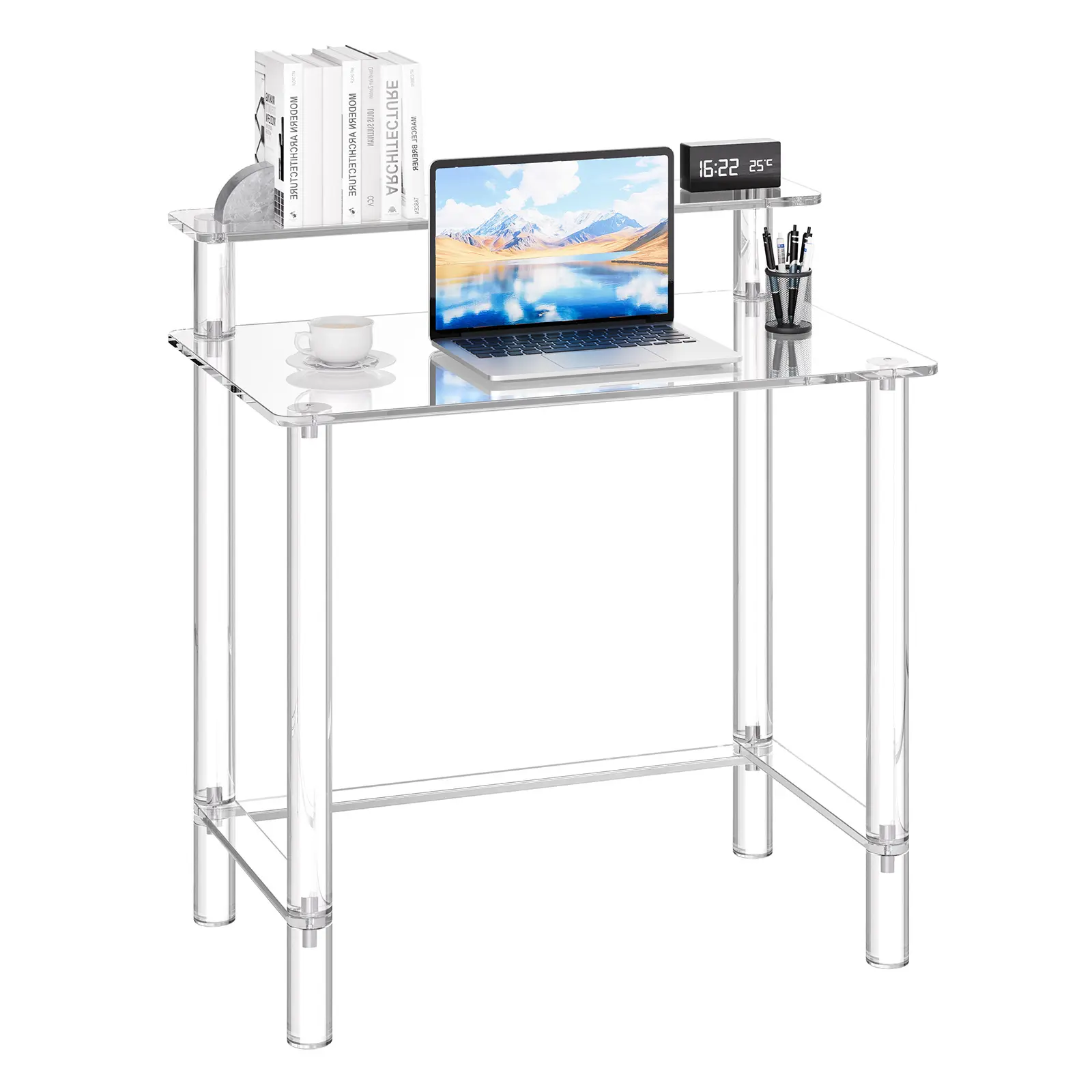 【SummerFinds】VEVOR Acrylic Table, 2 Tiers Clear Office Desk with Monitor Stand, Acrylic Study Computer Desk, Modern Side End Table Nightstand for Bedroom, Office, Study, Cloakroom, 19.7 x 31.5 x 34.7 in (Clear)