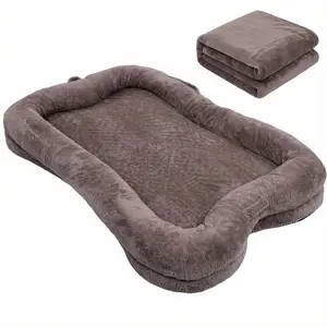 Human Dog Bed Washable Large Size Non Slip Bottom Comfortable Plush Giant Size Dog Bed with Blanket and Pocket for Home