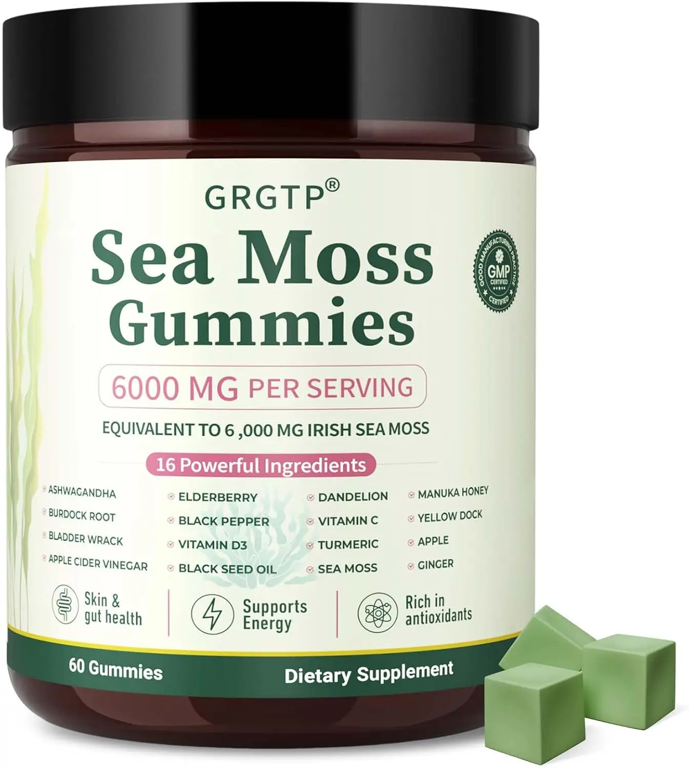 Sea Moss Gummies 16-in-1 - Ashwagandha Black Seed Oil Bladder Wrack Turmeric Vitamin C & D3 with Manuka Burdock Root Dandelion Yellow Dock Natural Detox & Liver Health Immune Support, Energy Boost