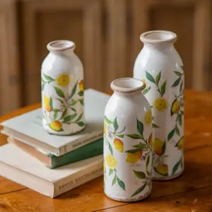 TEWEIQI Ceramic Small Vase Set 3-in-1, Crackle Glaze Vintage Vases with Lemon Print, Farmhouse Home Decor for Mantel Dining Table Centerpiece