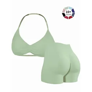 Women's two-piece set, solid color halter top and high-waisted shorts, breathable, sweat-absorbent, quick-drying, suitable for yoga, gym workouts, running, and other sports