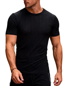 Men's Vintage Vertical Striped Distressed T-Shirt, Round Neck Short Sleeve Casual Top, Breathable High Stretch Texture Fabric