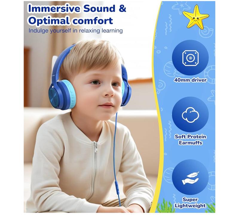 Kids USB-C Headphones with Mic – Safe Volume Limiter – Foldable Over-Ear Wired Headset (Blue)