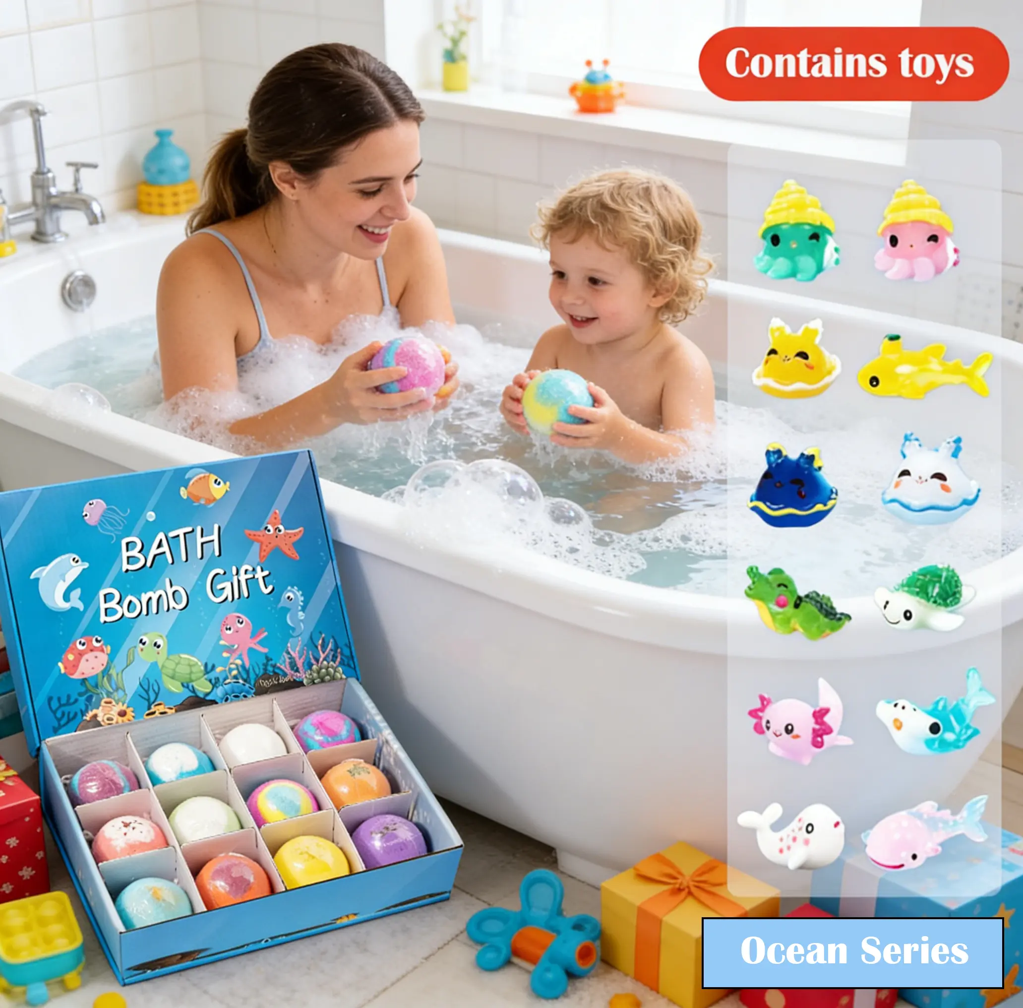 12 Pcs Kids Scented Bath Bomb Gift Set with Surprise Toys, Sensitive Skin Nourishing Moisturizing Body Care, Gentle Skin Repair Easter Basket Stuffers for Boys & Girls Bath Time Fun