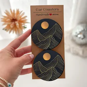 Boho Kitchen Coasters Set 2/4 Pcs Mountain Moon Print Black Gold Celestial Mystical Aesthetic Neoprene Absorbent Non Slip Drink Coaster for Bar Cart Dining Table Kitchen Island 6.8 cm / 2.68 in
