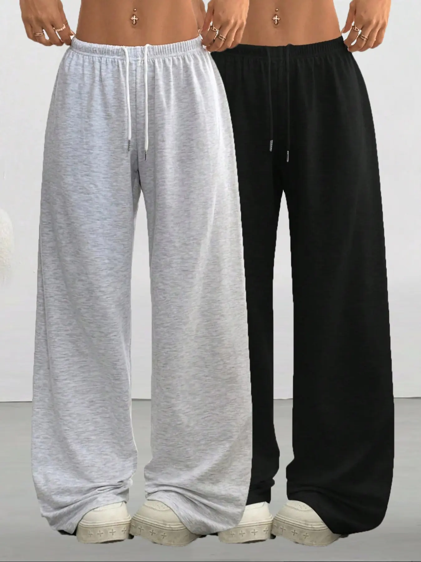 Women's Casual Comfy Baggy Adjustable Drawstring Wide-Leg Loose Fit Knit Pants, 2 Pack Simple Solid Color Loungewear, Comfortable for Spring Summer Fall Everyday Use Trouser Casual Fashion Trousers