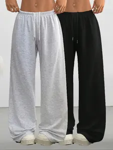 Women's Casual Drawstring Wide-Leg Pants, 2 Pack Simple Solid Color Loungewear, Comfortable for Spring Summer Fall Daily Use