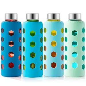 Mrsdry Glass Juice Bottles with Lids and Silicone Sleeves 18 oz, 4-Pack Reusable Clear Glass Water Bottles with Stainless Steel Airtight Cap for Juicing, Refrigerator, BPA Free Leak-Proof Drinking Jar