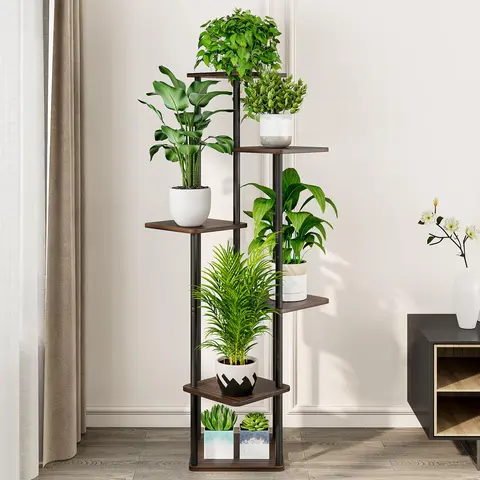 SUOERNUO Metal Frame Corner Plant Stand (4-Tier/5-Tier/6-Tier) - Indoor Vertical Planter Tower, Tall Anti-Slip Foot Stickers Plant Riser, Heavy-Duty Home Organizer Shelf, Modern Aesthetic House Decor Flower Pot Holder for Bedroom