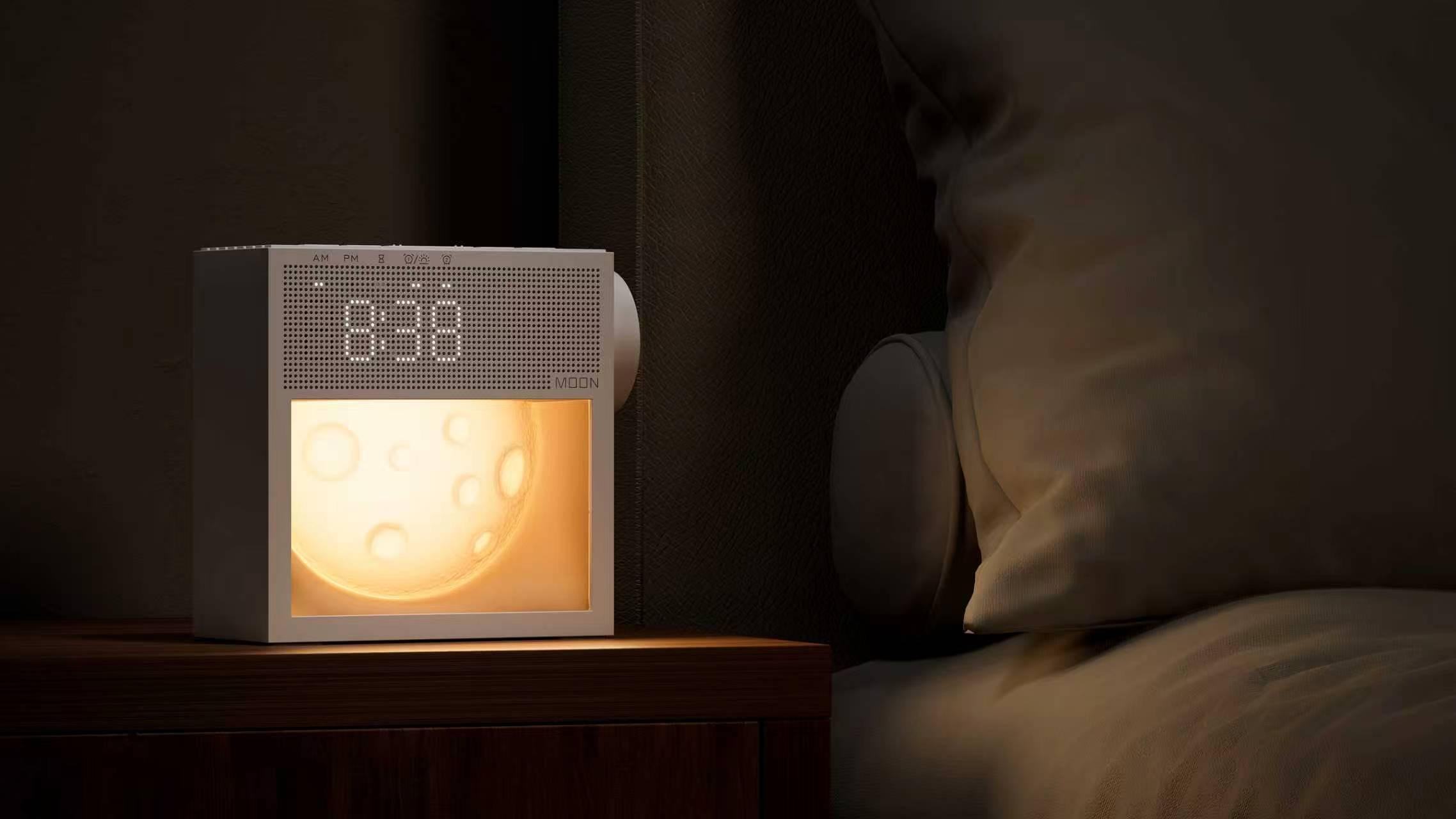 summerwins Multifunctional USB-Powered Bedside Alarm Clock - Car Interior Accessory Decor, 3D Moon Shape Night Light, 20 White Noise Sleep Aid for Adults, Dimmable Warm Light, Dual Alarm & Snooze, Comfortable Sound Machine, 1×User Manual