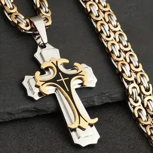 Men's Vintage Necklace Golden Multilayer Flat Handmade Stainless Steel Cross Pendant Jewelry Modern Versatile Accessories Cuban Chain Link Cuban Chunky Chain