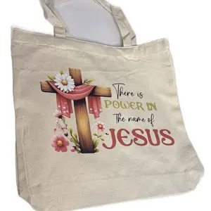 Tote Bag with Inspirational Design - "There is Power in the Name of Jesus" Featuring Cross and Flowers