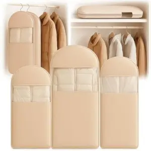 Space Saving Hanging Garment Bag with Self Compression Zipper, Suit Cover Bags, Heavy Duty Jackets & Parkas Storage, Dust Cover, Closet Organizer for Storage (Beige)