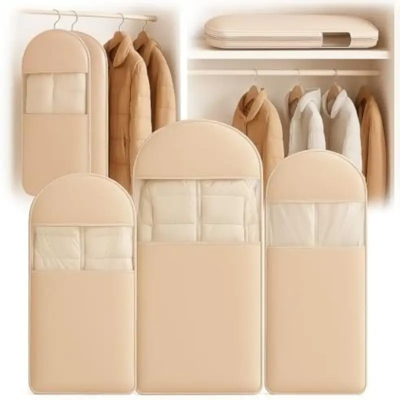 Space Saving Hanging Garment Bag with Self Compression Zipper, Suit Cover Bags, Heavy Duty Jackets & Parkas Storage, Dust Cover, Closet Organizer for Storage (Beige)