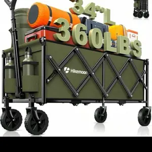34'' Long Collapsible Wagons Carts Foldable, 360LBS Heavy Duty Folding Beach Wagon With Wheels, Portable Utility Outdoor Cart Grocery, Garden, Sports, Camping, Green