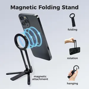 Magnetic Phone Tripod Stand – Foldable Adjustable Tripod, Strong Magnetic Holder, Portable Pocket Tripod for Content Creation, Video Recording, Desk Use & Travel, Black