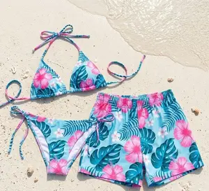 Unisex Matching Couple Bathing Suit Set - Light Blue Hibiscus Bikini Sets + Men's Side-Pocket Trunks, Moisture-Wicking Honeymoon Beach Outfit for Summer