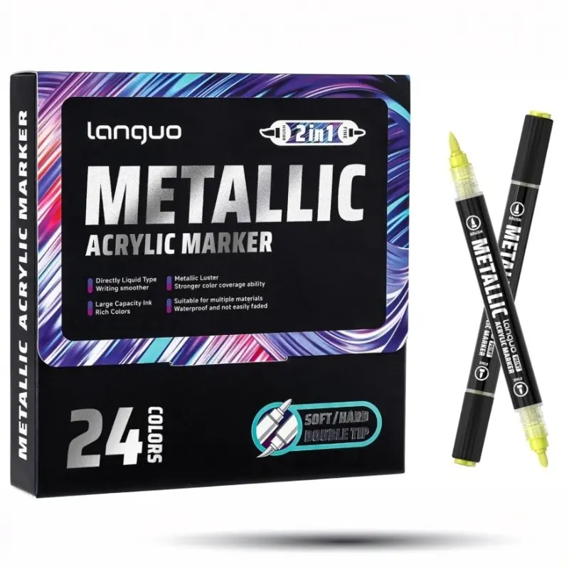 Languo Dual-Head Metallic Acrylic Marker Set, Drawing Pens with Brush Tip & Fine Tip, Ideal for Adults, Artists, DIY Art, Textiles, Rocks, Wood, Plastic, Glass, Metal, Eggshell Painting, Vibrant Creative Design Craft, Waterproof Brush Marker