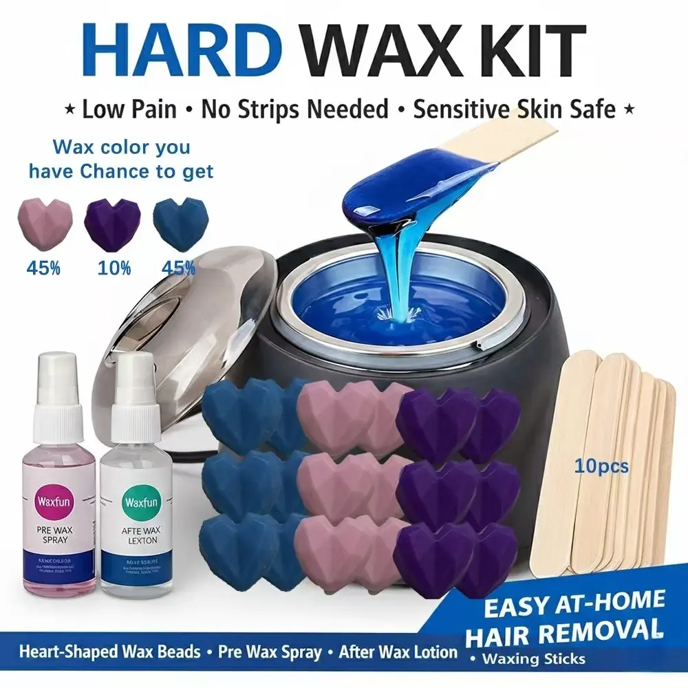 WaxFun Hard Wax Warmer Kit for Beginners, 4 Heart-Shaped Hard Wax Bead Bags, Silicone Bowl & Spatulas, No Strips Needed