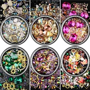 6 Wheels Mixed Sparkle Nail Art Rhinestones Diamonds Crystals Butterfly Beads Artificial Pearls Gold Silver Nail Studs Gems Metal Hollow Rivets Charms
