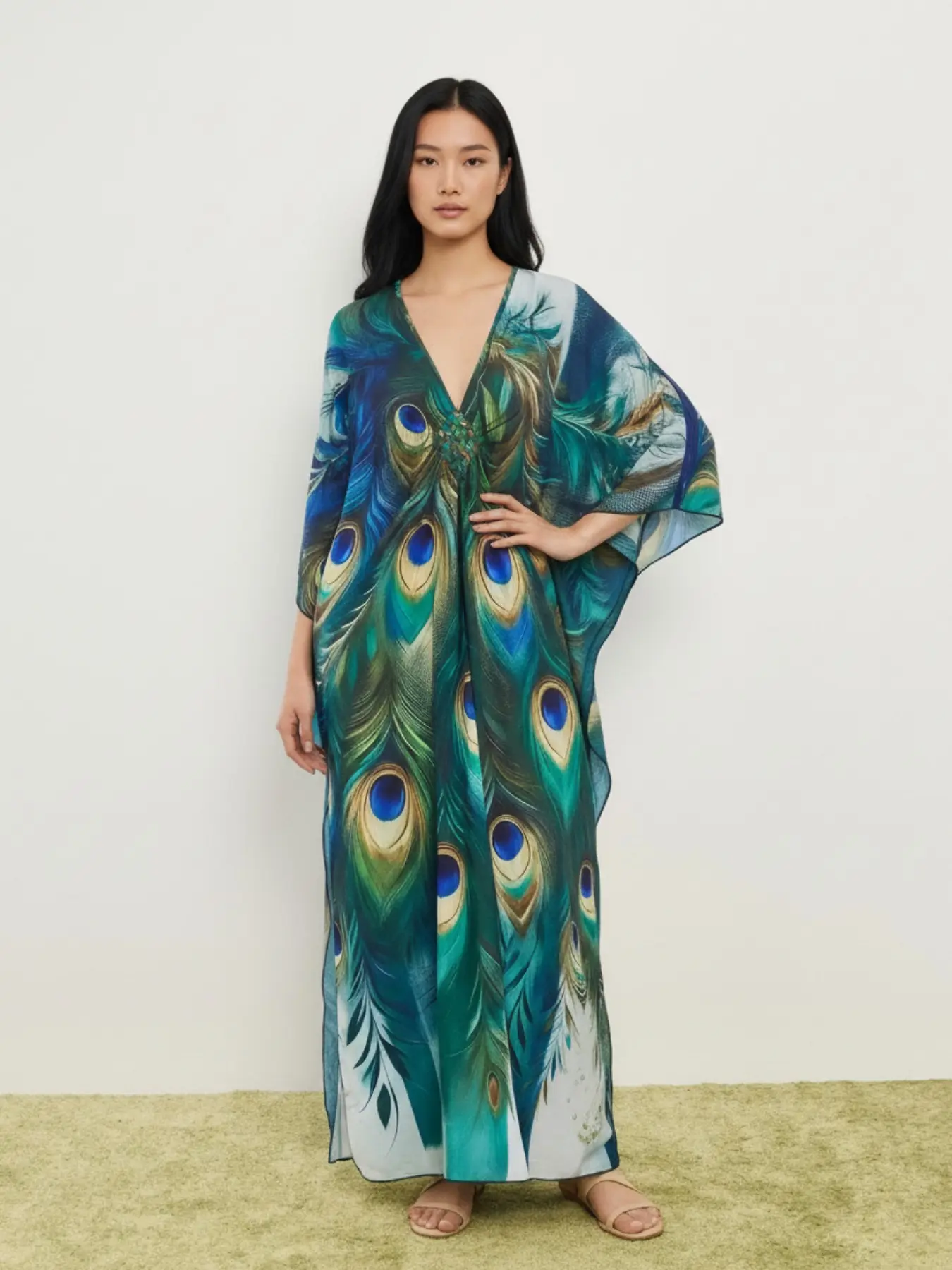 Plus Size Butterfly Print Split Side Kaftan Dress, Boho V Neck Batwing Sleeve Long Casual Dress for Summer Beach Holiday Vacation, Women's Clothes for All Seasons