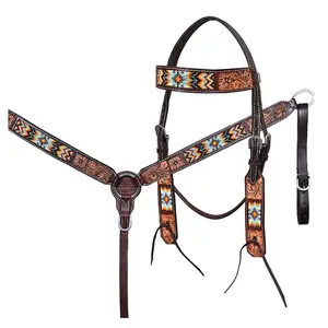 HILASON Western Horse Floral Headstall Breast Collar One Ear Headstall Wither Strap American Leather Tack Set