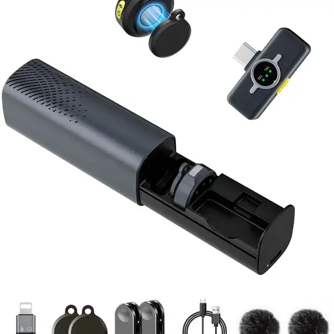 CAIORD 2-Pack Omnidirectional Wireless Lavalier Microphones with Rechargeable Case, Receiver, Magnetic Clip, Mini Clip, Audio for Smartphone, Mobile, iPhone 17/16/15, iPad, Lightning/USB-C Android Devices, 300FT Hands-Free Video Recording