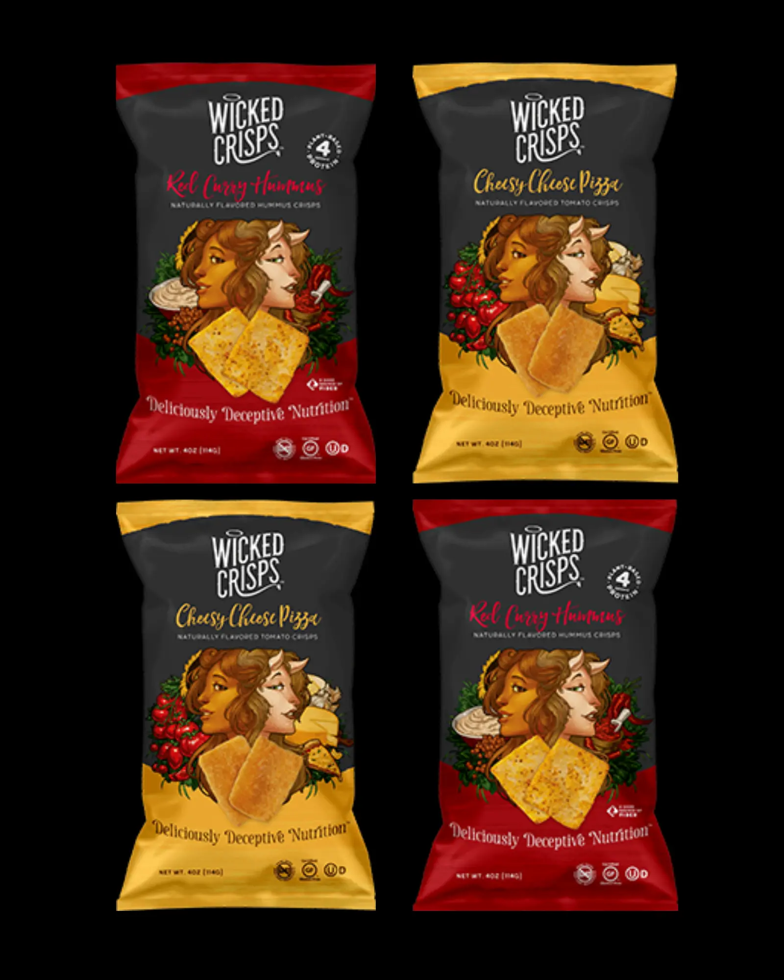 Wicked Crisps Non-Fried Baked Crispy Snacks 4-Pack Game Night Duo - Gluten-Free, Kosher, GMO-Free Artisan Flavors with Crunchy Chips, Red Curry Hummus Dip, Cheese Pizza Tomato Veggie Crisps & Puffed Snacks