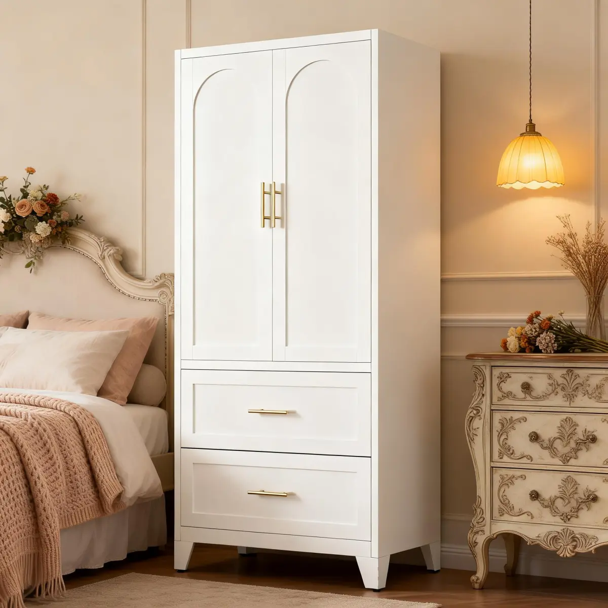 71-Inch White Metal Wardrobe Cabinet – 2 Door Storage Closet with Shelf, Hanging Rod & 2 Drawers, Ideal for Bedroom, Office, Laundry Room, Entryway & More ​