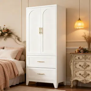 71-Inch White Metal Wardrobe Cabinet – 2 Door Storage Closet with Shelf, Hanging Rod & 2 Drawers, Ideal for Bedroom, Office, Laundry Room, Entryway & More ​