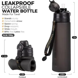 TakeToday Collapsible Water Bottles 21oz (600mL), Foldable Platinum Silicone Travel Water Bottle with Straw & Carry Strap, Leak-Resistant Screw Lid, Wide Mouth, BPA-Free for Hiking, Camping, Travel